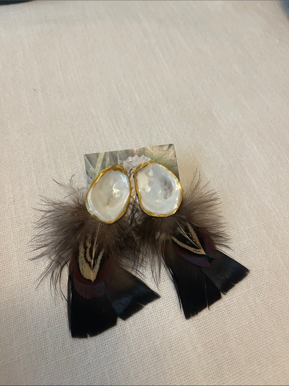 Shell and Feather Statement Earrings in Brown with Gold Trim